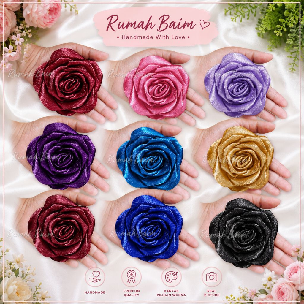 BUNGA SATIN GLITTER 4CM, BUNGA SATIN SATUAN. BUNGA PITA SATIN