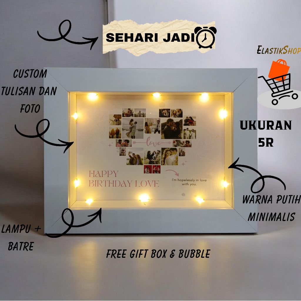 Bingkai Foto 3D LED Kolase Grid Custom Keluarga + Ucapan Aesthetic