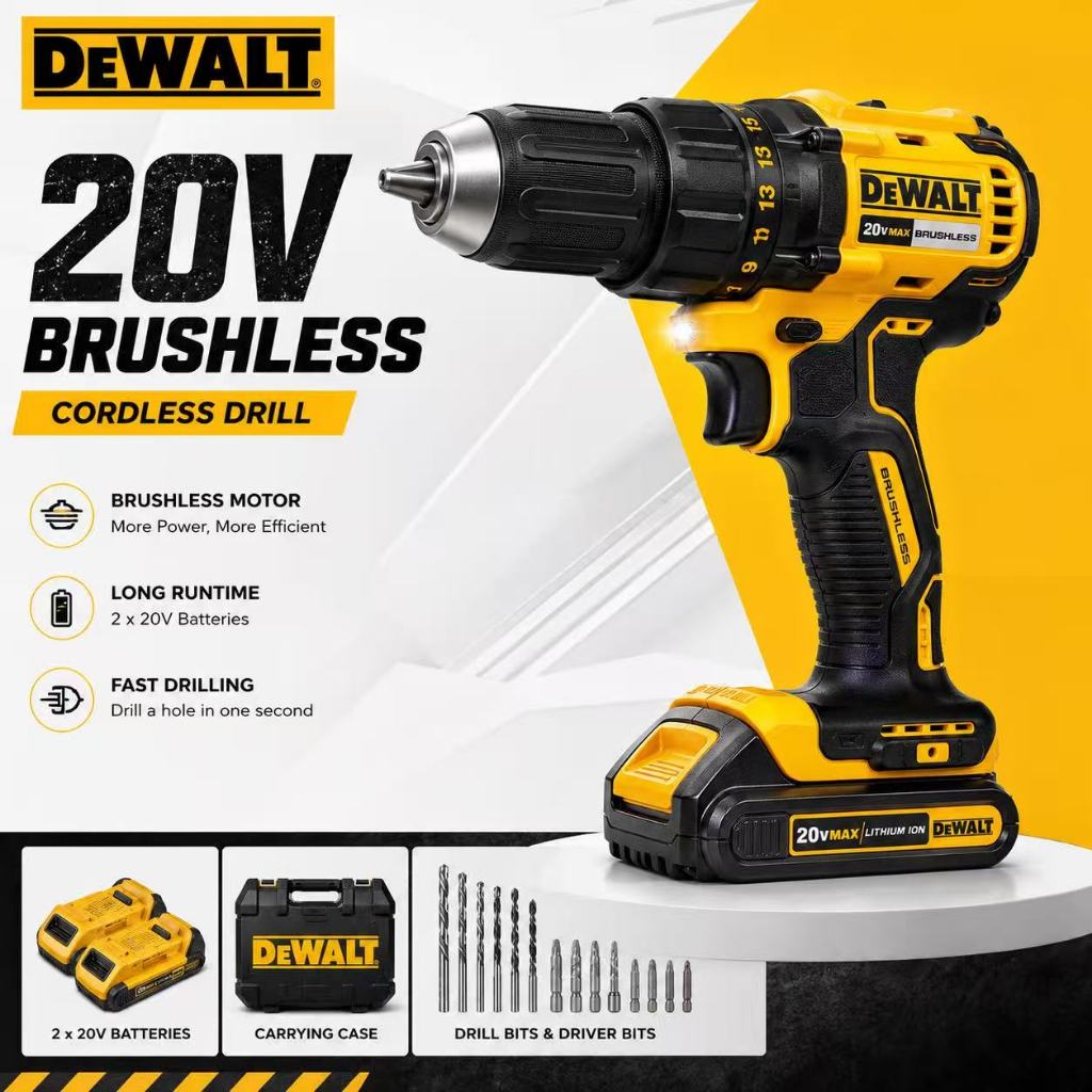 DeWalt Bor Baterai Cordless Drill Mesin Bor Listrik Set Lengkap 2 Battery Obeng Elektrik