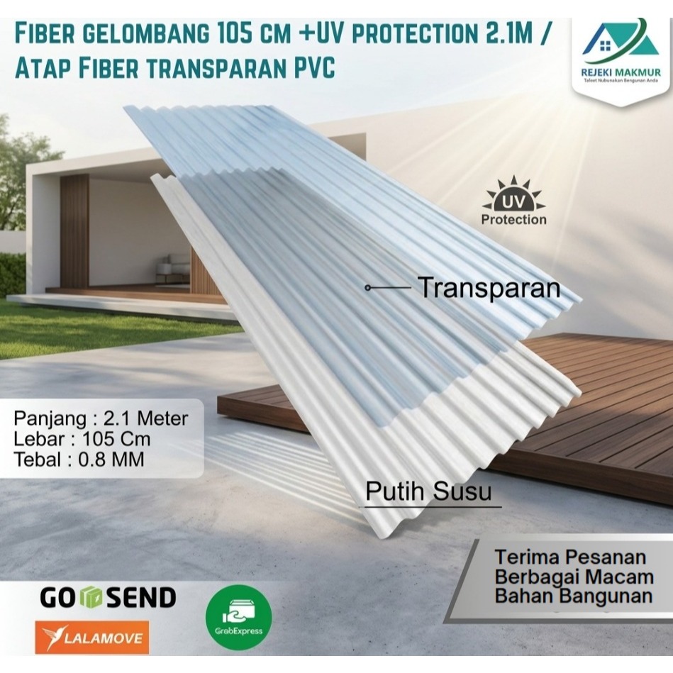 Fiber gelombang+UV protection 2.1 Meter x 105 cm x 0.8 mm putih susu / Atap Fiber bening transparan 