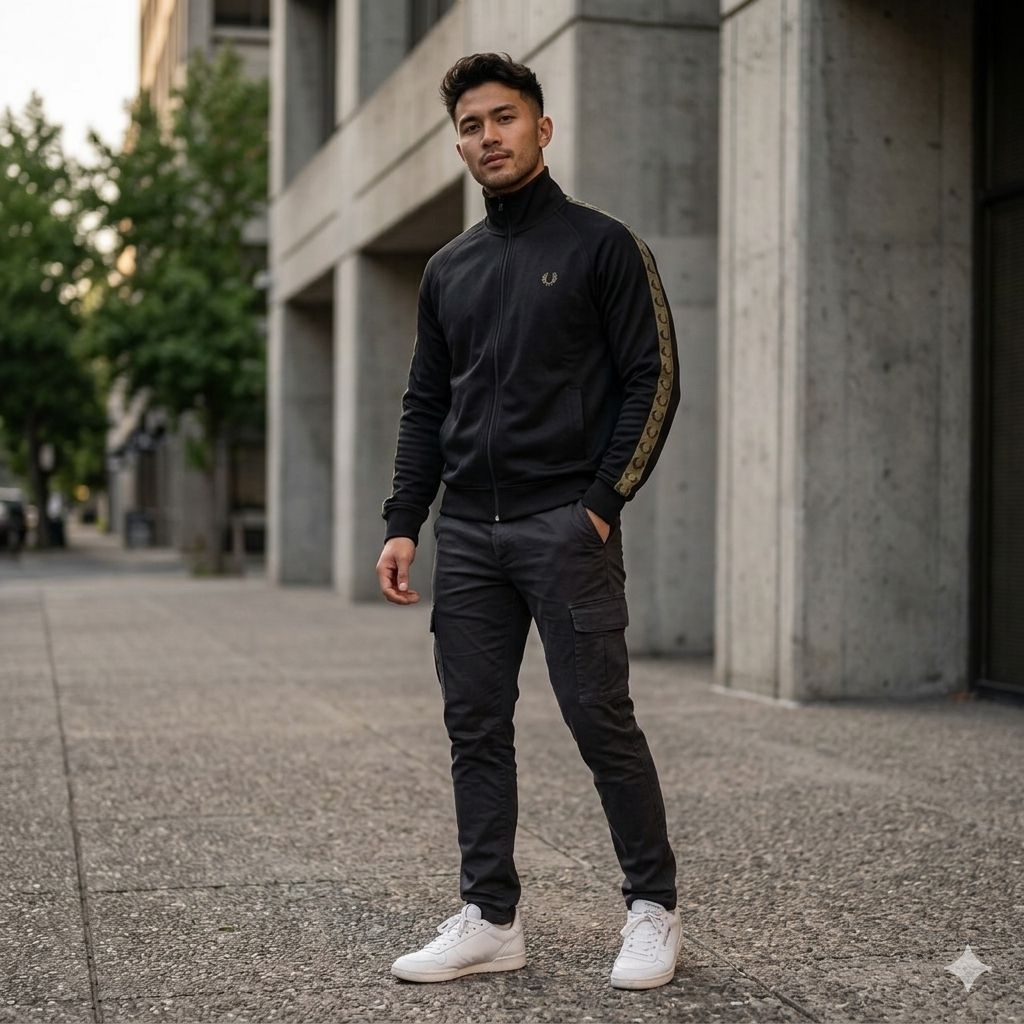 Fred Perry Contrast Tape Black Gold Track Jacket Made in Portugal Original J5557/S77