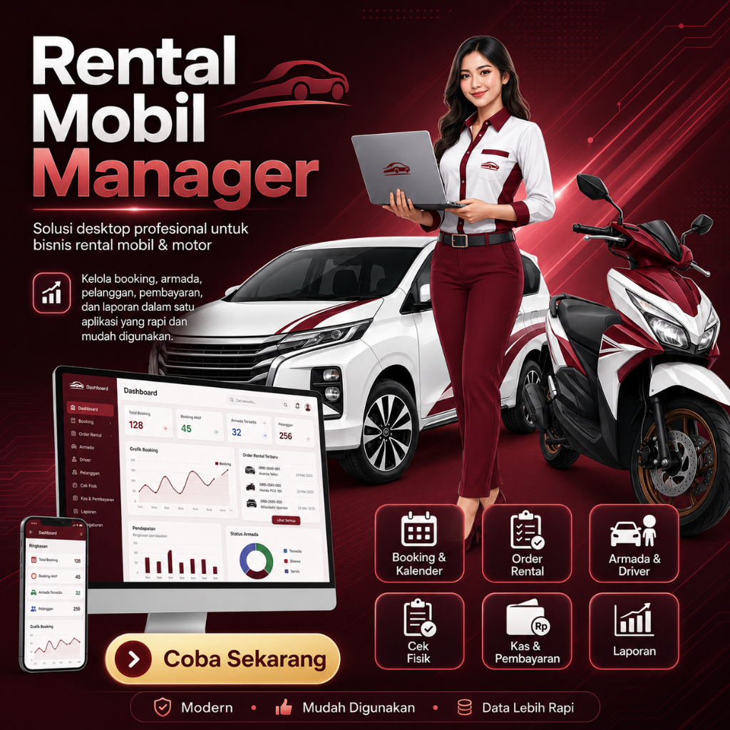 Aplikasi Rental Mobil Manager Desktop | Software Rental Mobil Motor Booking Armada Laporan Sinkron O