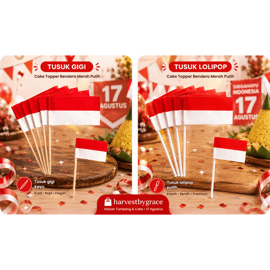 HIASAN TUMPENG DIRGAHAYU / TOPPER BENDERA HIASAN TUMPENG 17 AGUSTUS / CAKE TOPPER BENDERA DEKORASI D