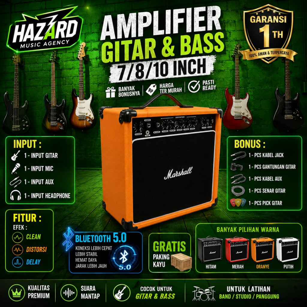 Ampli gitar & bass 10 Inch 3 input bluetooth bisa untuk karaoke ada efek distorsi delay oranye