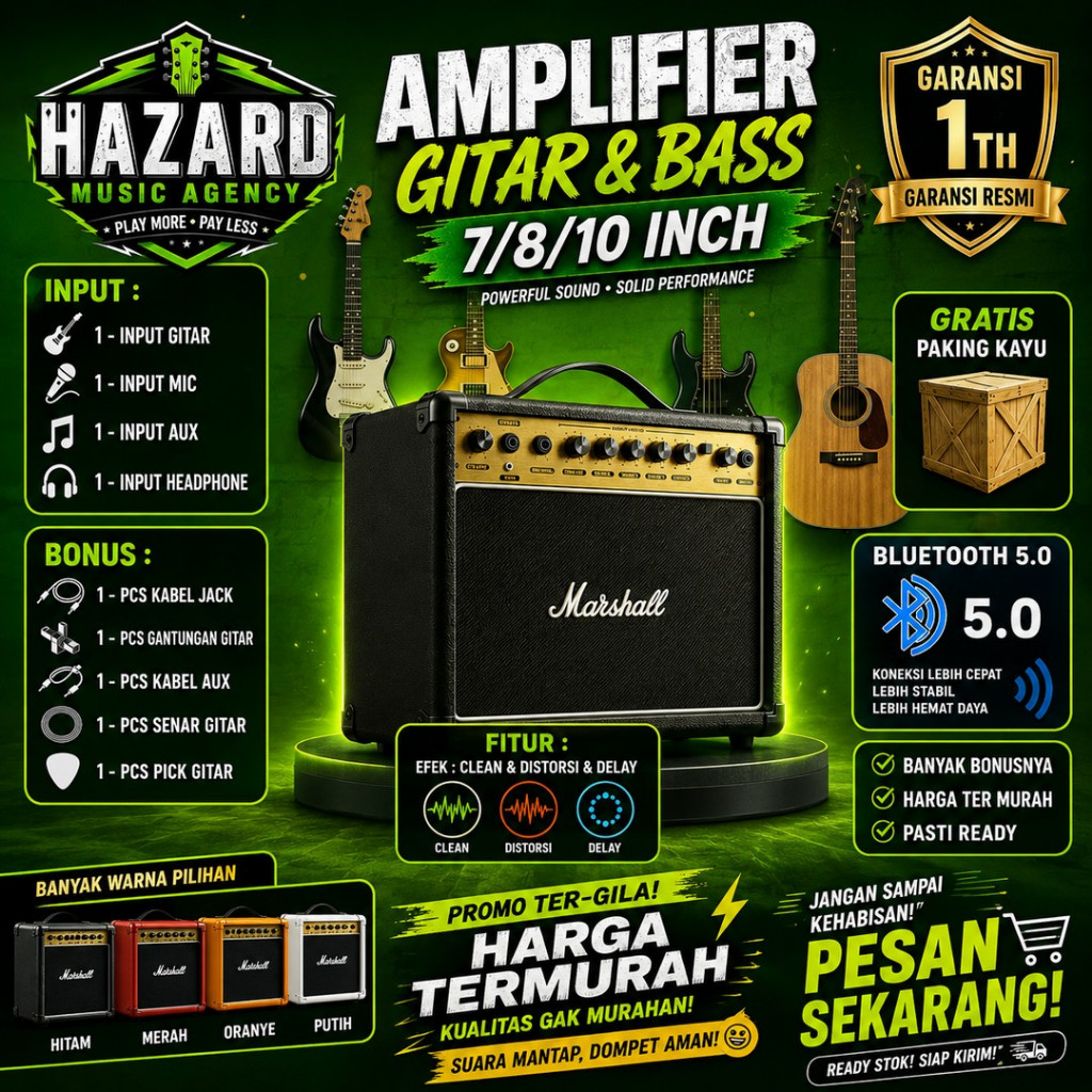 Ampli gitar & bass 8 Inch bluetooth 3 input bisa untuk karaoke efek distorsi delay gold