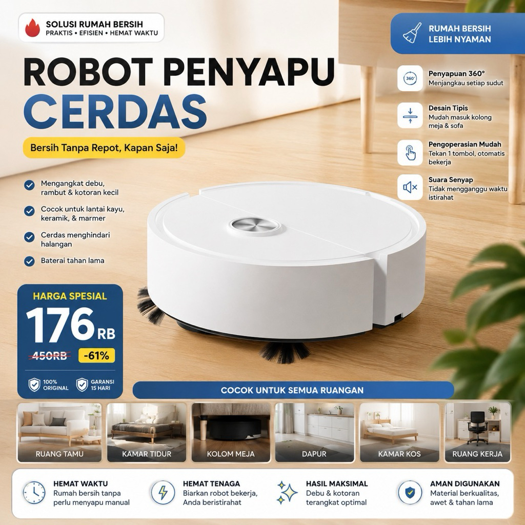 Robot vacuum penyapu mini otomatis, cocok untuk kosan