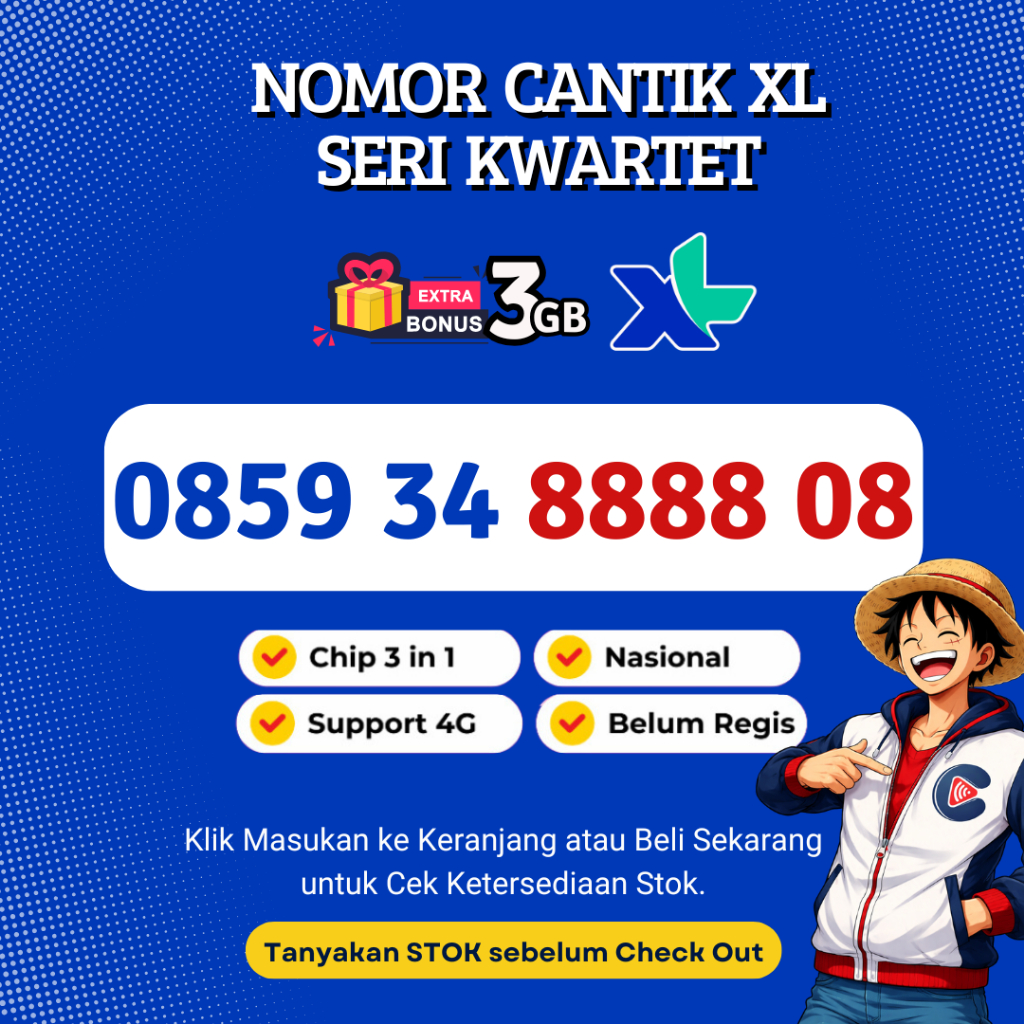 Nomor Cantik XL Seri Kwartet 8 Murah Rapi - Kartu Perdana XL Suport 4G LTE Bonus Kuota 3GB