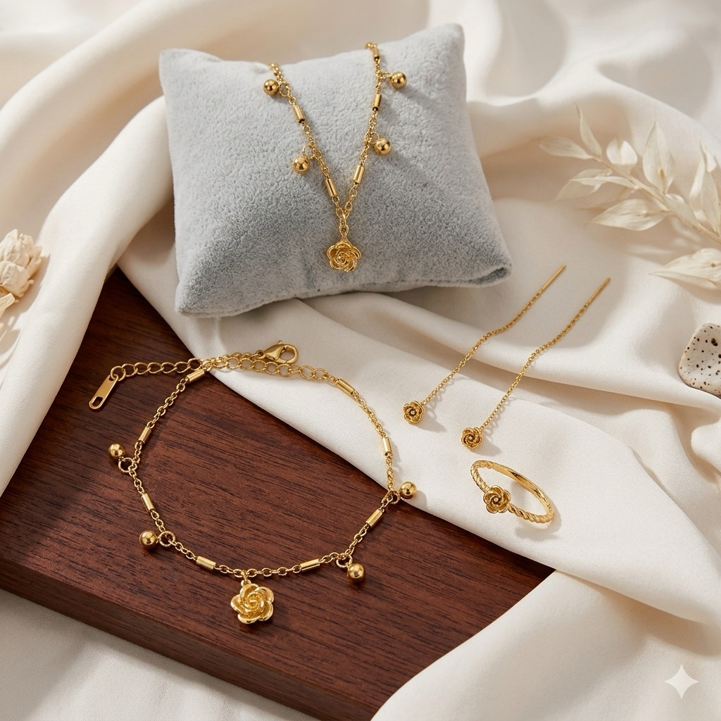 Satu Set Perhiasan Titanium model bunga bambu gold