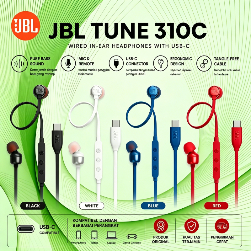 JBL Tune 310C Wired Earphone Type C Original Harman – Super Bass