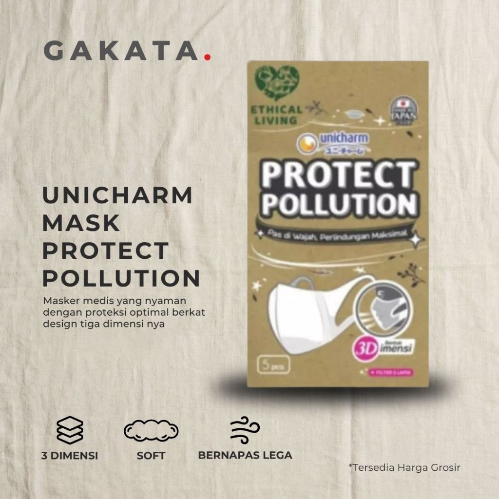 UNICHARM Protect Pollution 3D Mask M 5p EXP 2024 Melindungi Polusi 3 Lapisan Filter 99% Virus
