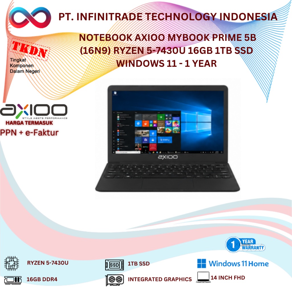 NOTEBOOK AXIOO MYBOOK PRIME 5B (16N9) RYZEN 5-7430U 16GB 1TB SSD WINDOWS 11 - 1 YEAR