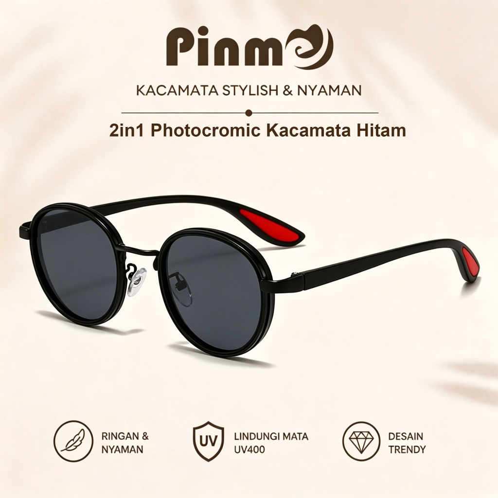 Pinme Hitam Bulat Kacamata Hitam Bulat Polarized Anti UV400 TR90 Metal Lensa Photocromic Unisex Bula