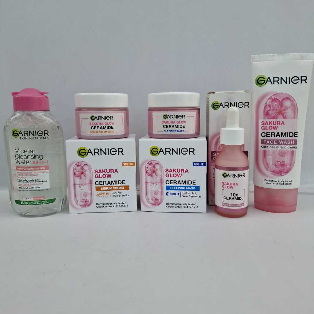 ( NEW ) Paket Komplit 5in1 Skincare Garnier Sakura Glow Skin Barrier Simple Set - Untuk Kulit Glowin