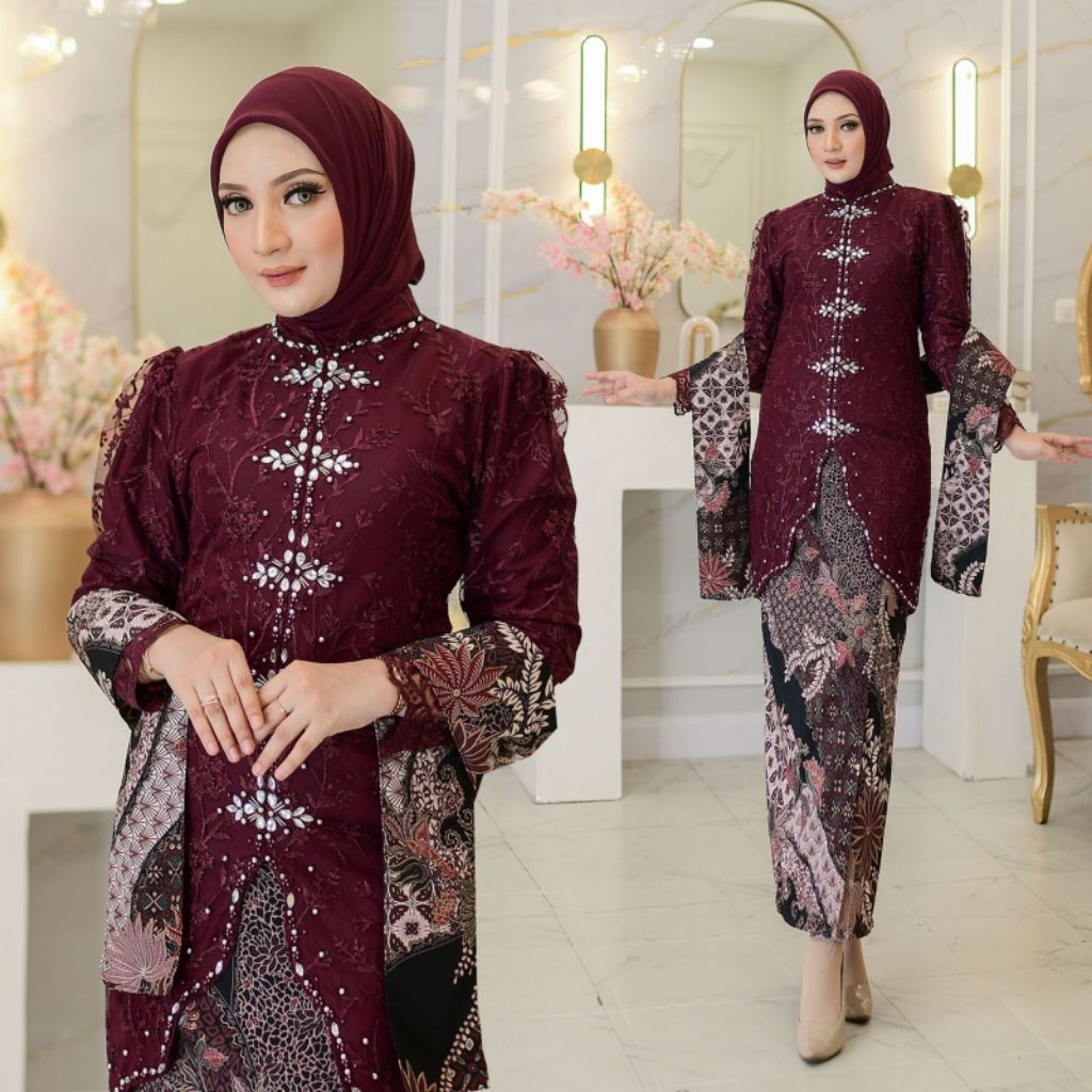 Permata Olshop / Setelan Kebaya Delisa Brokat Premium Payet Mewah Rok Selendang / Set Kebaya Rok Bat