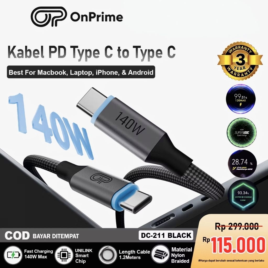 Kabel Sakti ONPRIME UNILINK Cable Type C to C 140W Support MULTI PROTOCOL Charging