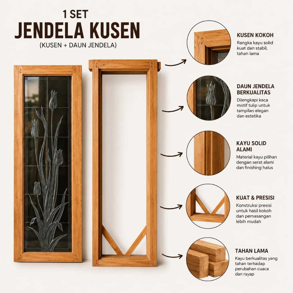 1 Set Jendela Kaca Motif Kayu Jati Lokal
