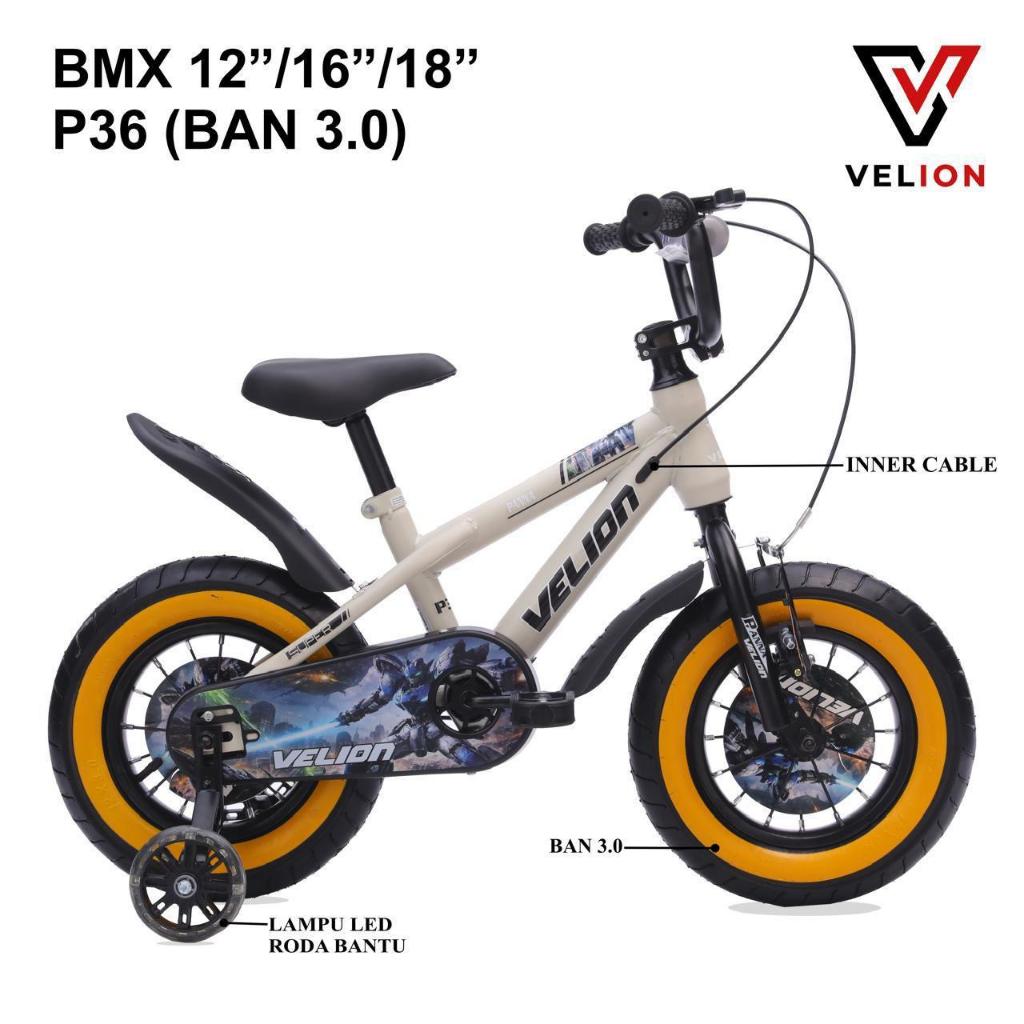 Sepeda Anak Laki BMX VELION P36 Ukuran 12 16 18 Inch Ban Jumbo 3.00 Usia 2-8 Tahun