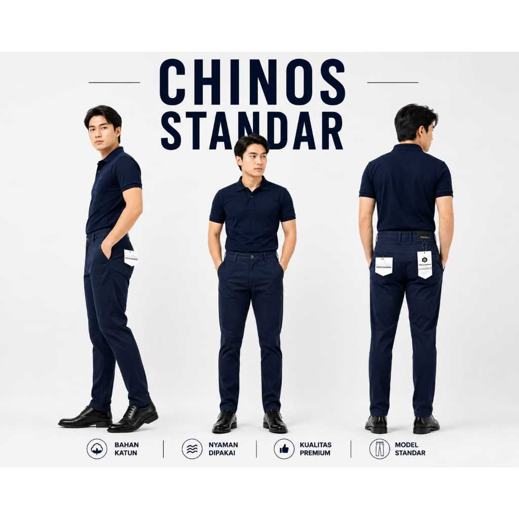 PHILIP BALMAIN Celana Chinos Pria Standar Navy Katun Nyaman Dipakai Kualitas Premium Model Standar