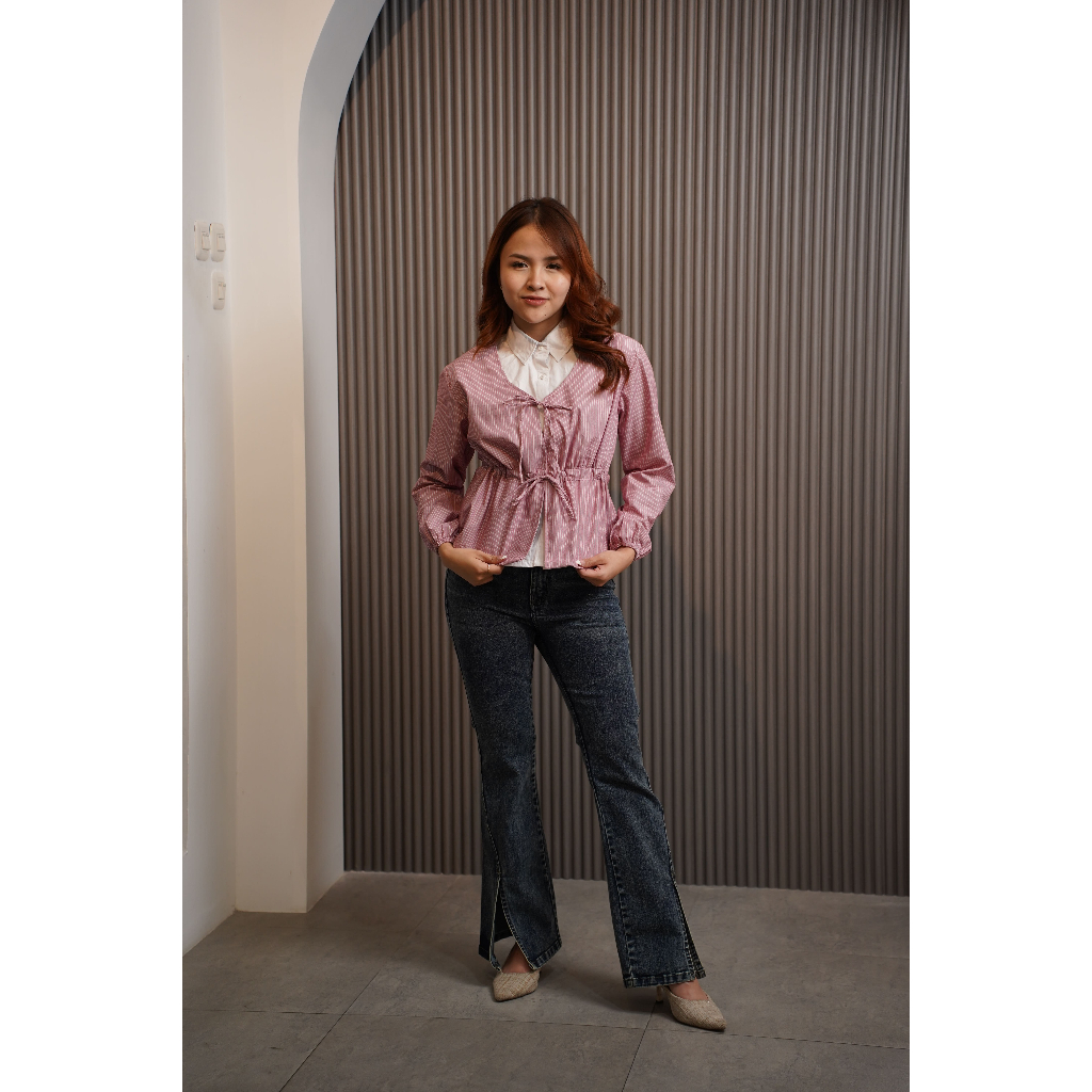 Missty Kemeja Wanita One Set Outer Pink Kemeja Lengan Panjang Warna Putih Model Korea (18791)