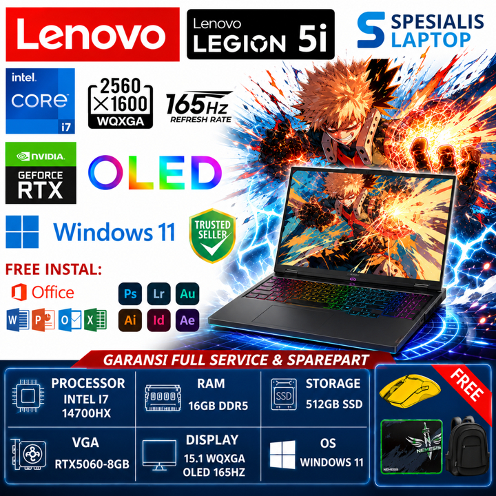 Laptop Gaming Lenovo Legion 5 RGB Core i7 14700HX 16GB 512GB RTX5060-8GB 15.1 WQXGA OLED 165HZ Win11