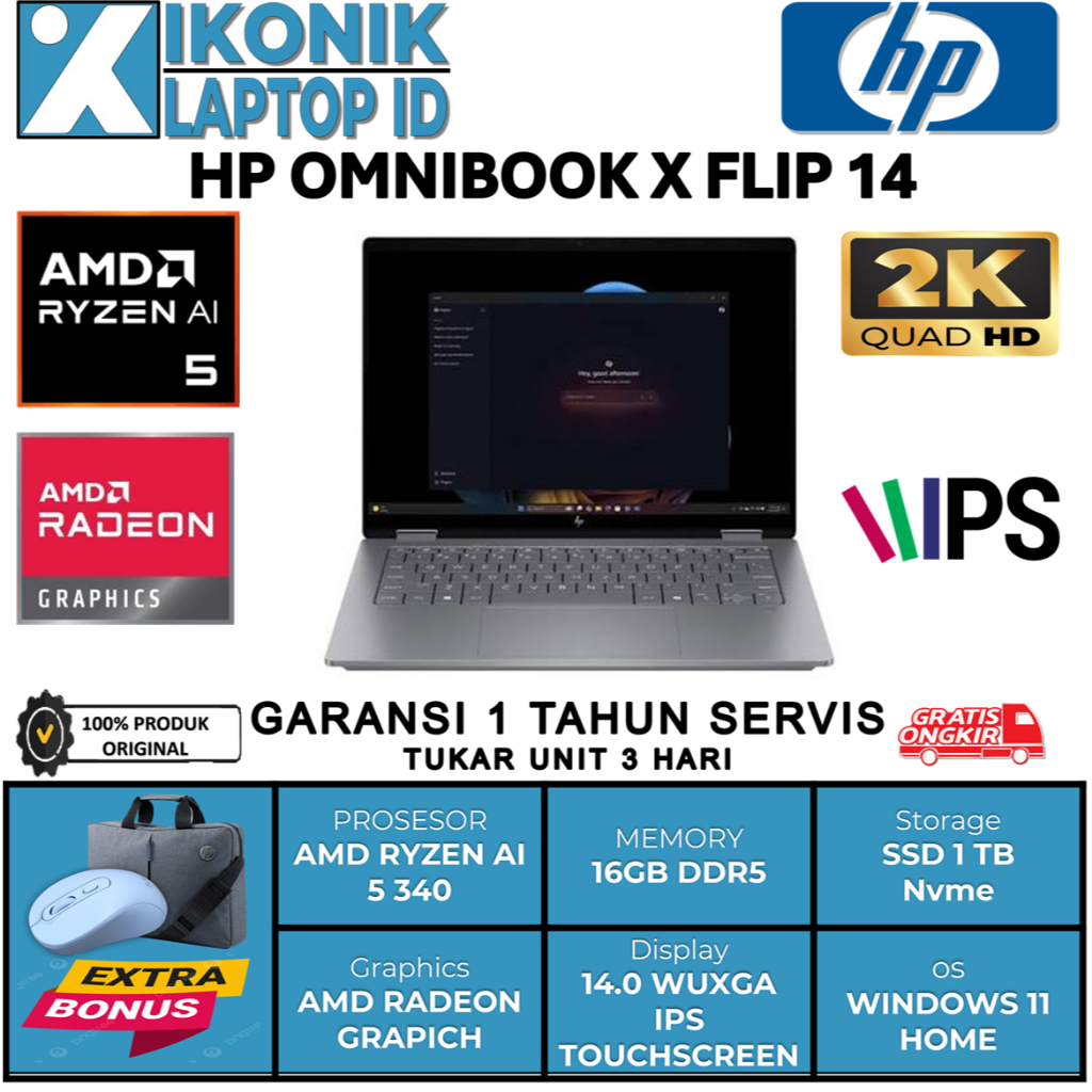 Laptop lipat Hp Omnibook X Flip 14 Amd Ryzen AI 5 340 14.0 Wuxga Ips Touchscreen Win11