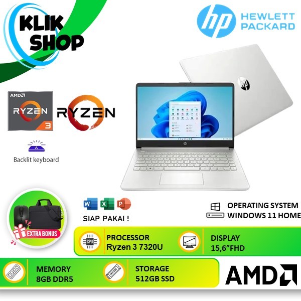 LAPTOP HP 15 AMD RYZEN 3 7320U 8GB DDR5 512GB 15.6 WIN11HOME SILVER