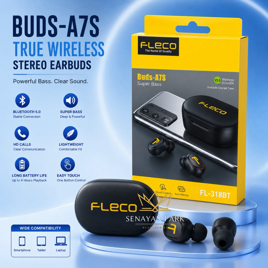 SEN - Earbuds Wireless Fleco A7S Earphone Bluetooth Headset 5.0 TWS BUDS A7S earpods olahraga