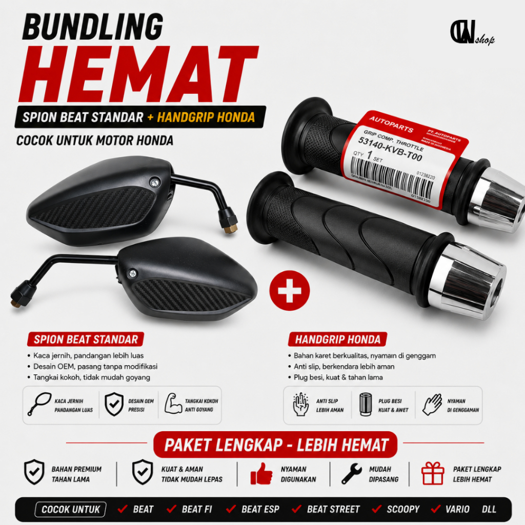 Spion BEAT 2020 + Handgrip Motor Model Honda Set Jalu PCX Chrome Untuk Beat 2016-2020 All Series
