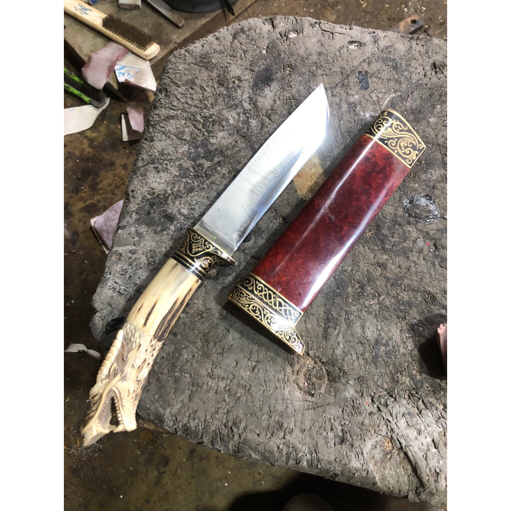 Pisau Sembelih Baja BOHLER N690 16cm 60HRC Tajam - Sarung Kayu burl Red, Gagang Tanduk, Fulltank di 