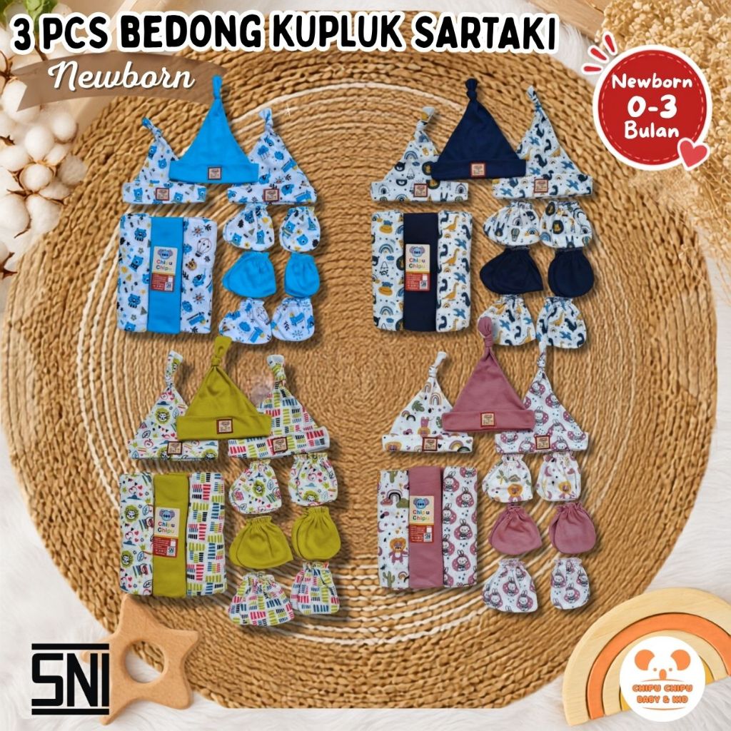 Set Bedong Bayi dengan Topi Kupluk Plus Sartaki Motif Lucu