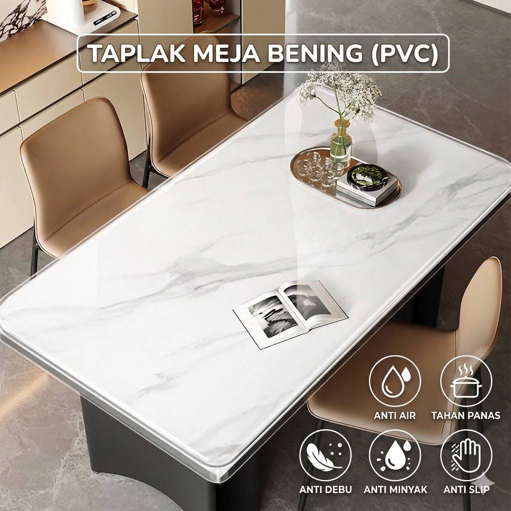 Taplak Meja Transparan Bening Tebal 1.6mm PVC Anti Air Tahan Panas Taplak Meja Makan Plastik Kaca