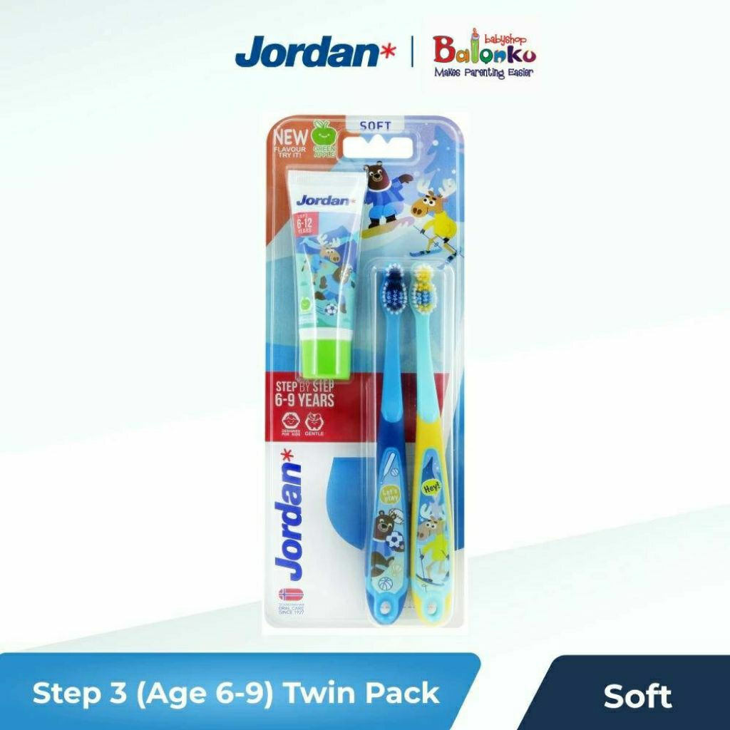 Jordan Oral Care Kids Step 3 Twin Soft Mix Warna - Sikat Gigi Anak + Pasta Gigi
