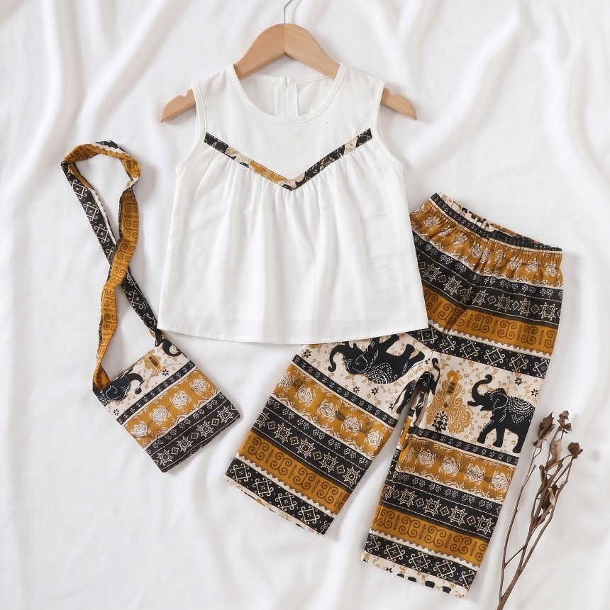 Setelan Anak Perempuan Boho Rayon Motif Gajah Etnik Batik Atasan Putih Celana Kulot Panjang Tas Sele