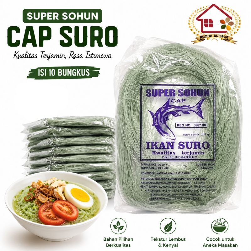 (10 pcs x 350 gr) SURO SUPER SOHUN Mie Suun Biru Bakso Soun Soto Food Noodles Goreng Instan Makanan