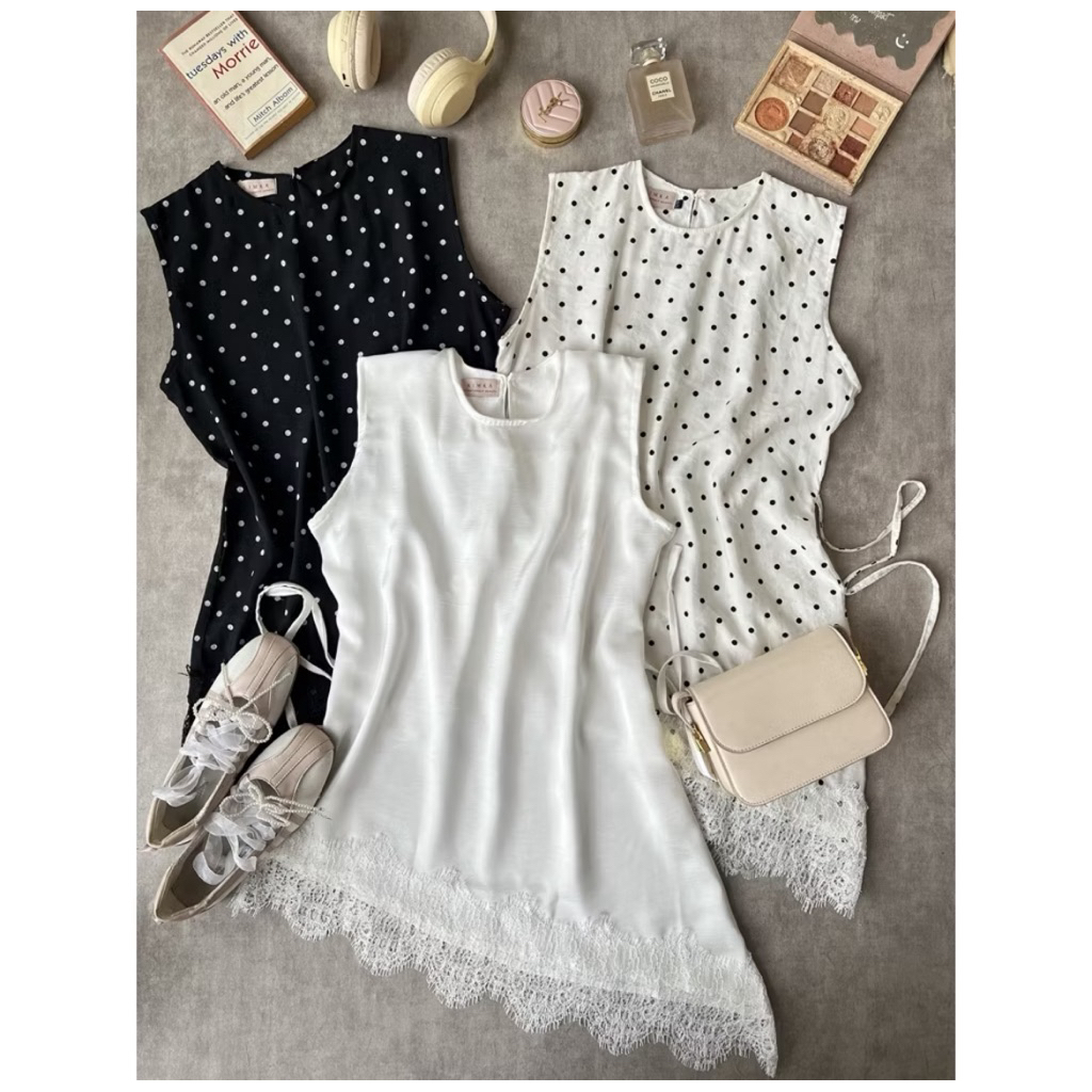 Inner Blouse Polkadot - Blouse Lace Tanpa Lengan - Inner Lace Polkadot - Blouse Polkadot Terbaru