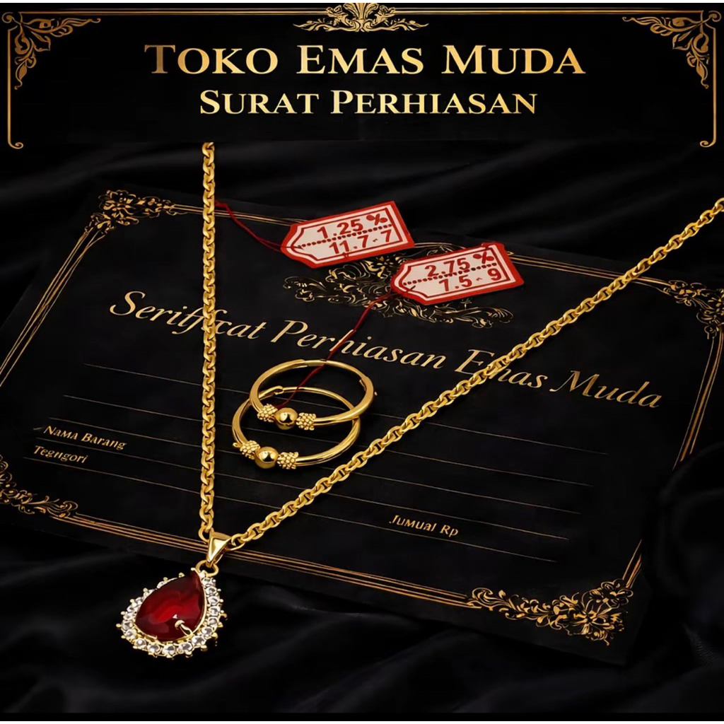 Kalung Wanita Nuri Liontin Batu Merah Free Anting W Pentol Premium Berlapis Emas Muda Dapat Surat To