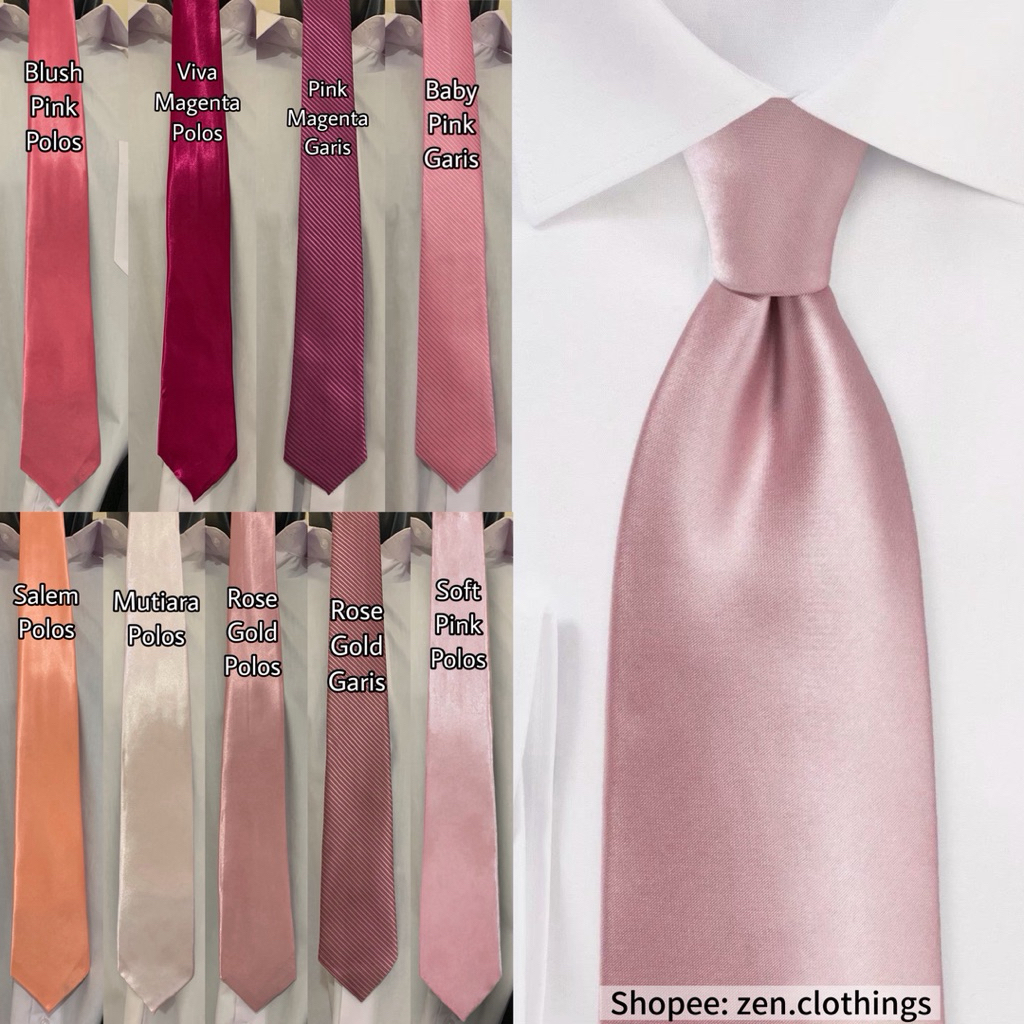 Dasi Pria Manual Ikat Warna Pink Rose Gold Salem Magenta Panjang Polos dan Motif Garis