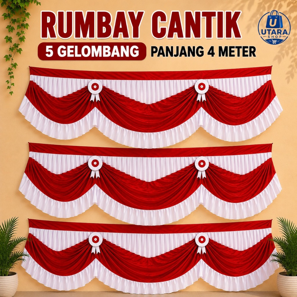 BEGRON Rumbay Cantik Merah Putih – 5 Gelombang Panjang 4 Meter, Dekorasi HUT RI Premium