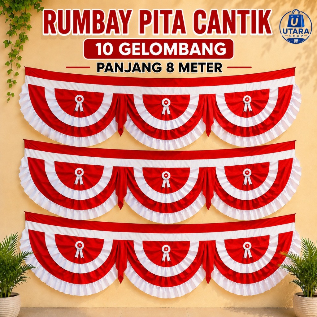 BEGRON Rumbay Pita Cantik Merah Putih – 10 Gelombang Panjang 8 Meter, Dekorasi HUT RI Premium