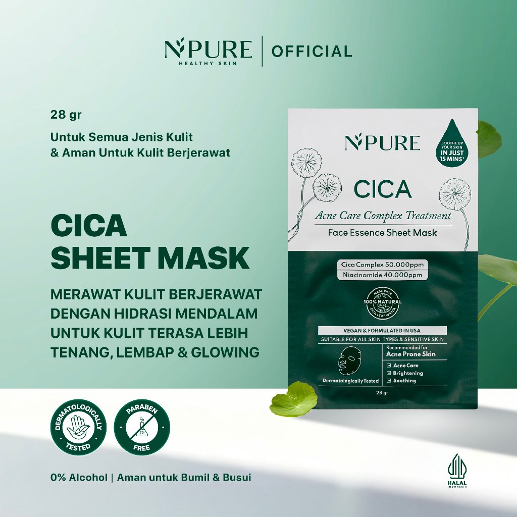 NPURE Anti Acne Cica Sheet Mask / Anti Acne / Niacinamide / Masker Wajah Anti Jerawat / Mencerahkan 