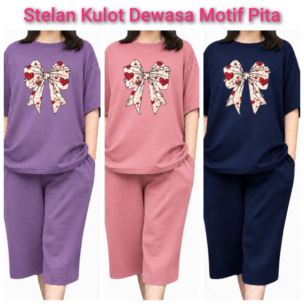 Stelan Kulot Dewasa Wanita Motif Pita Premium | Setelan Santai Casual Jumbo | Baju Rumahan Modis dan