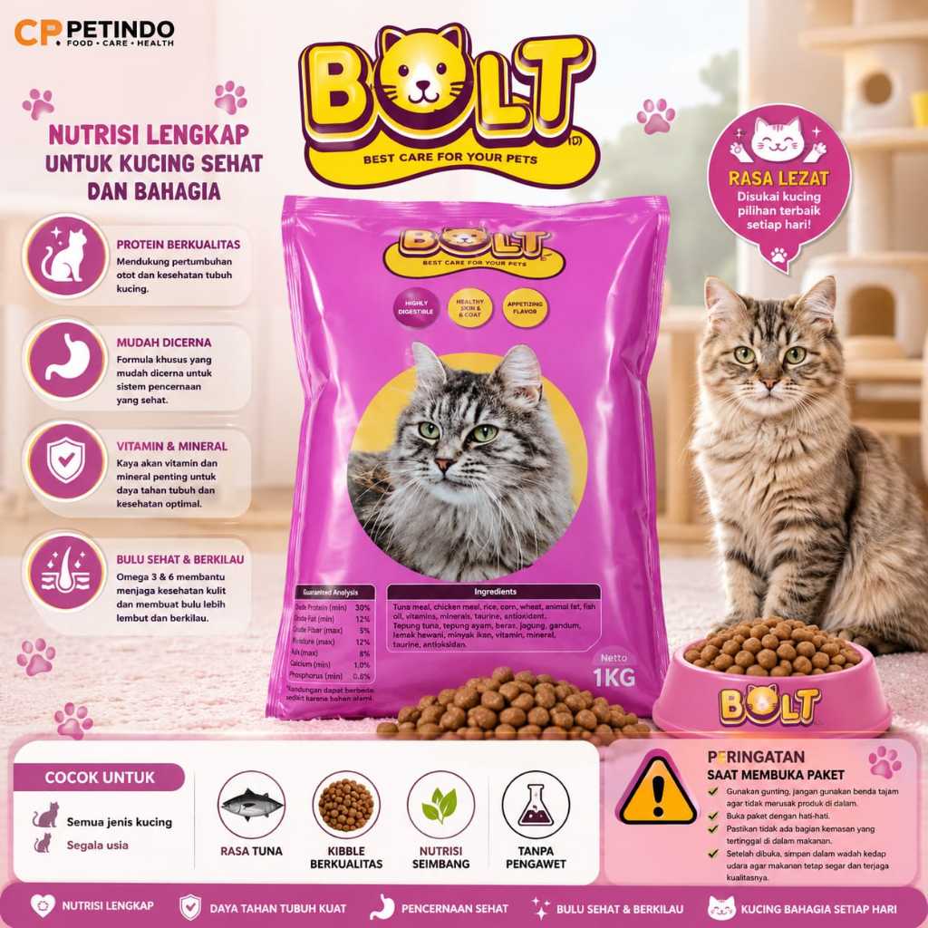 Makanan Kucing Kering Dewasa Bolt Salmon 800gr - Cat food Rasa Ikan Salmon