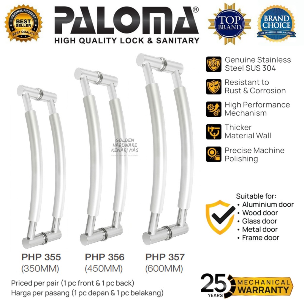 PALOMA PHP 355 356 357 Gagang Tarikan Pull Handle Pintu Kupu Tarung Dua Daun  350 450 600 MM Stainle