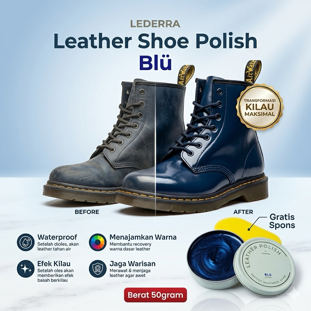 LEDERRA Navy Blue Polish 50 gram | Semir Pengkilap Sepatu Kulit Warna Biru | Leather Balm Leather Ba