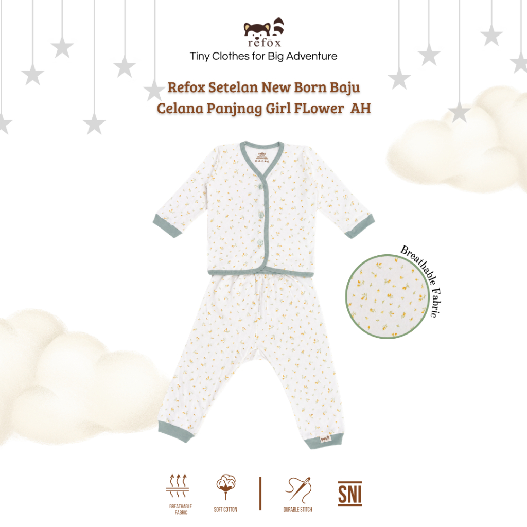 Refox - Setelan Bayi New Born Baju Celana Panjang Perempuan Bunga Hijau