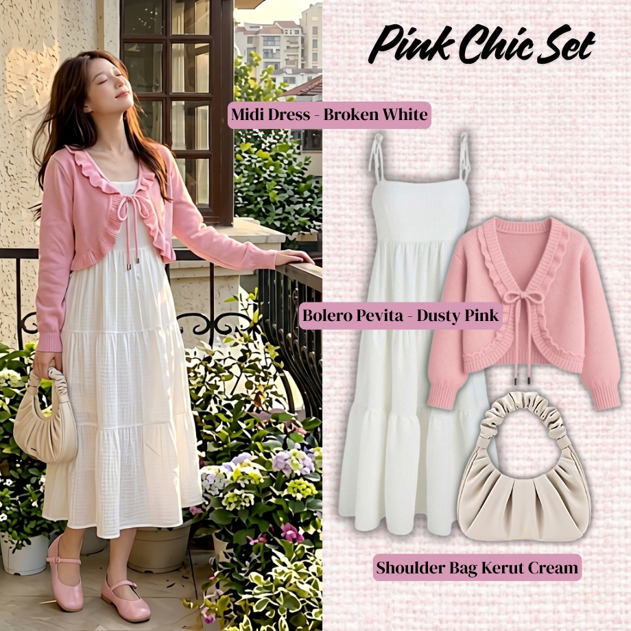 Setelan One Set Wanita Korean Style [SV042] Bolero Rajut Midi Dress Putih Shoulder Bag Kerut