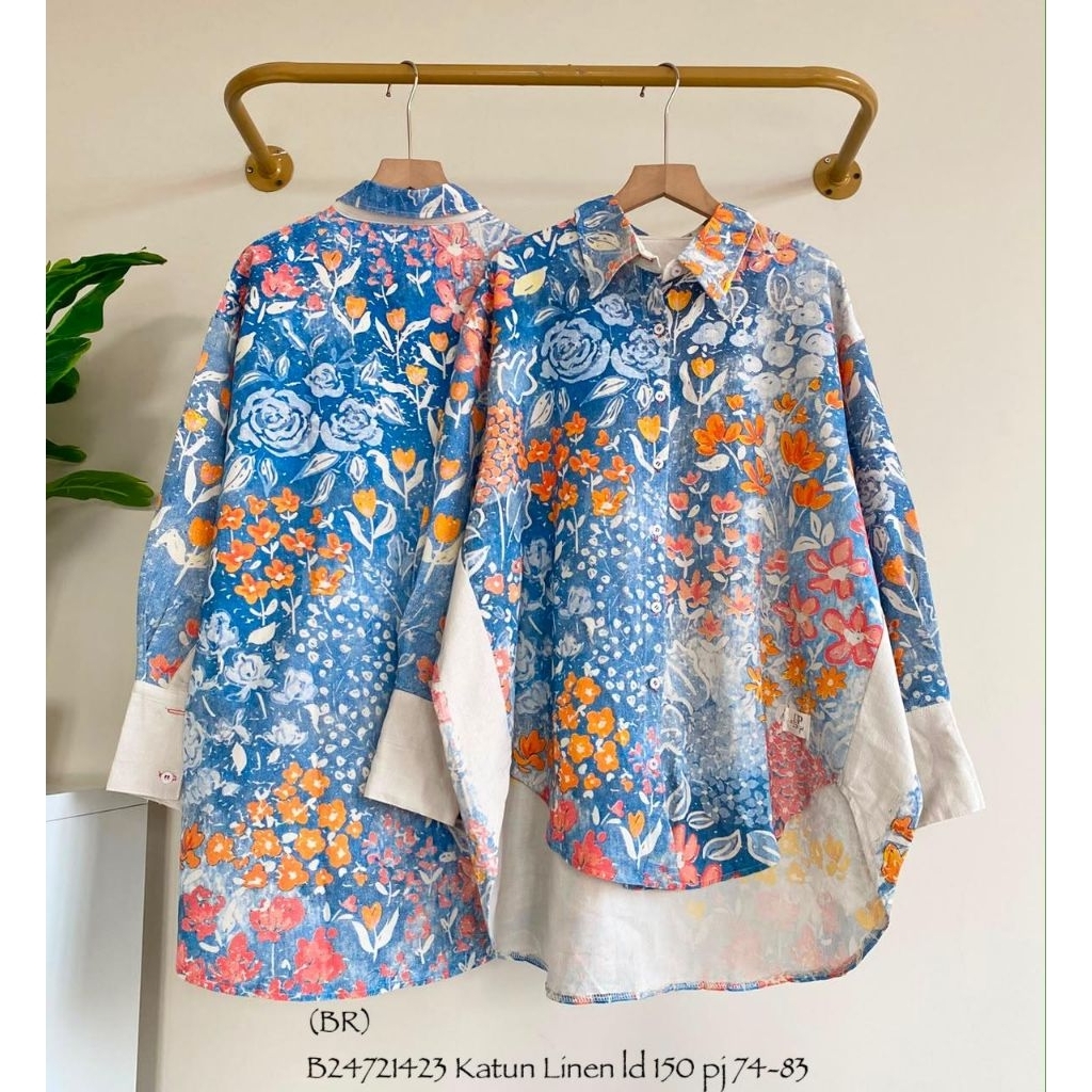 Blouse kemeja wanita katun linen motif oversize jumbo
