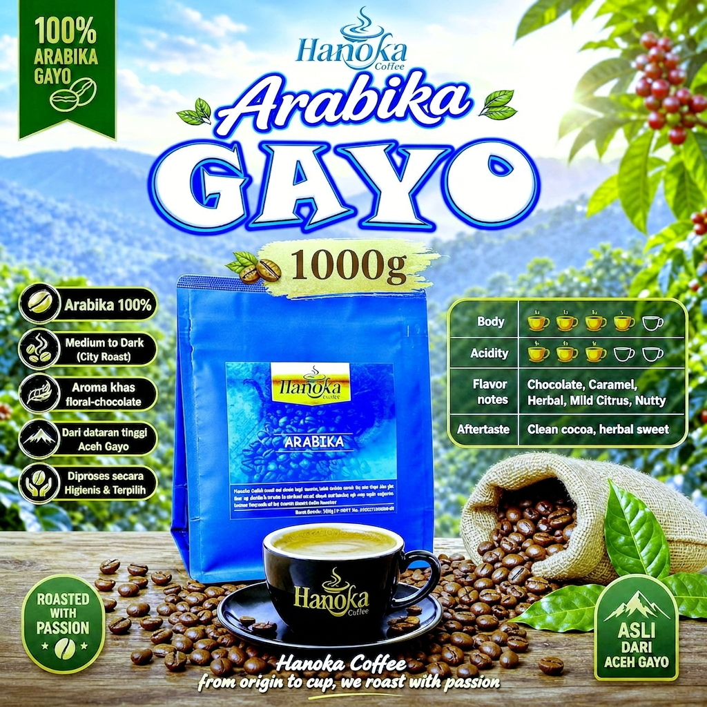 Hanoka Biji Kopi Arabika Aceh Gayo 1kg (1000g) - Single Origin Specialty Coffee