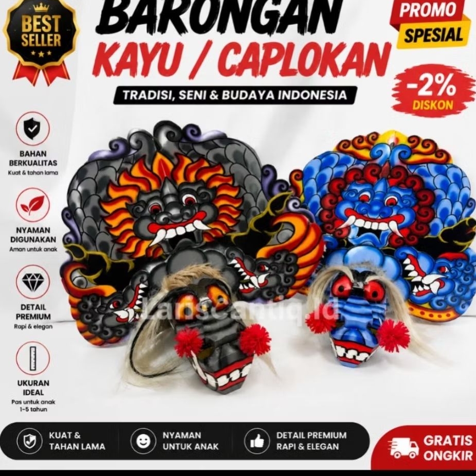 Barongan Kayu Devil Caplokan Reog Anak Ukiran Premium Mainan Topeng Reog Barongan Anak 1-5 Tahun Kua
