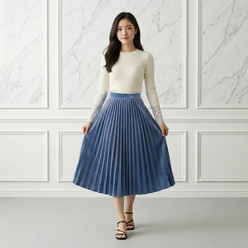 Rok Plisket Beludru 7/8 Seragam Bridesmaid Rok Velvet Midi Kondangan
